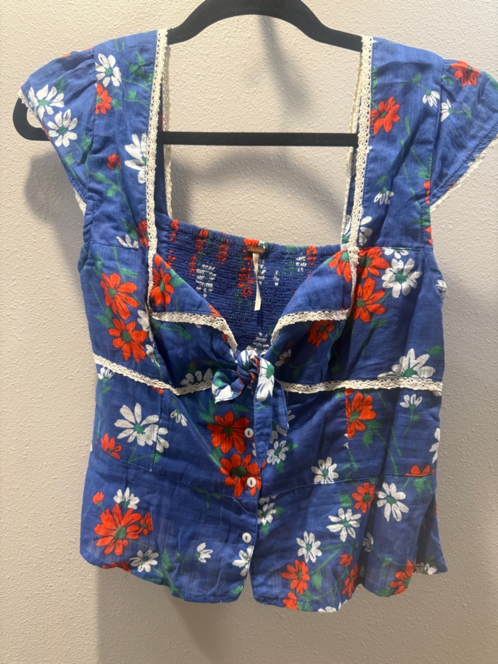 Free People Blue Floral Tie-Front Blouse with Lace Trim